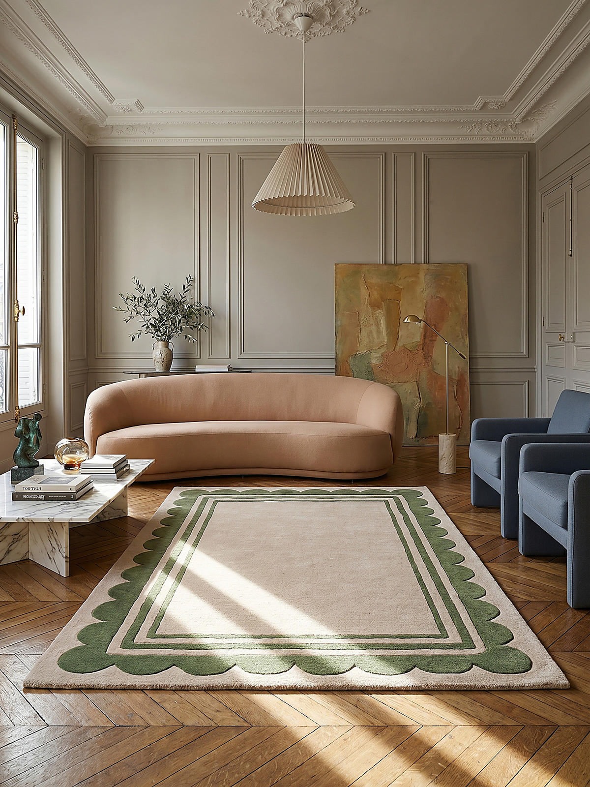 WOLLTEPPICH Grafisches Muster, Rahmen, Wohnzimmer schmutzabweisend Grün-Beige Rechteckig 120x170 - Grün, Textil (170/120cm) - KADIMA DESIGN