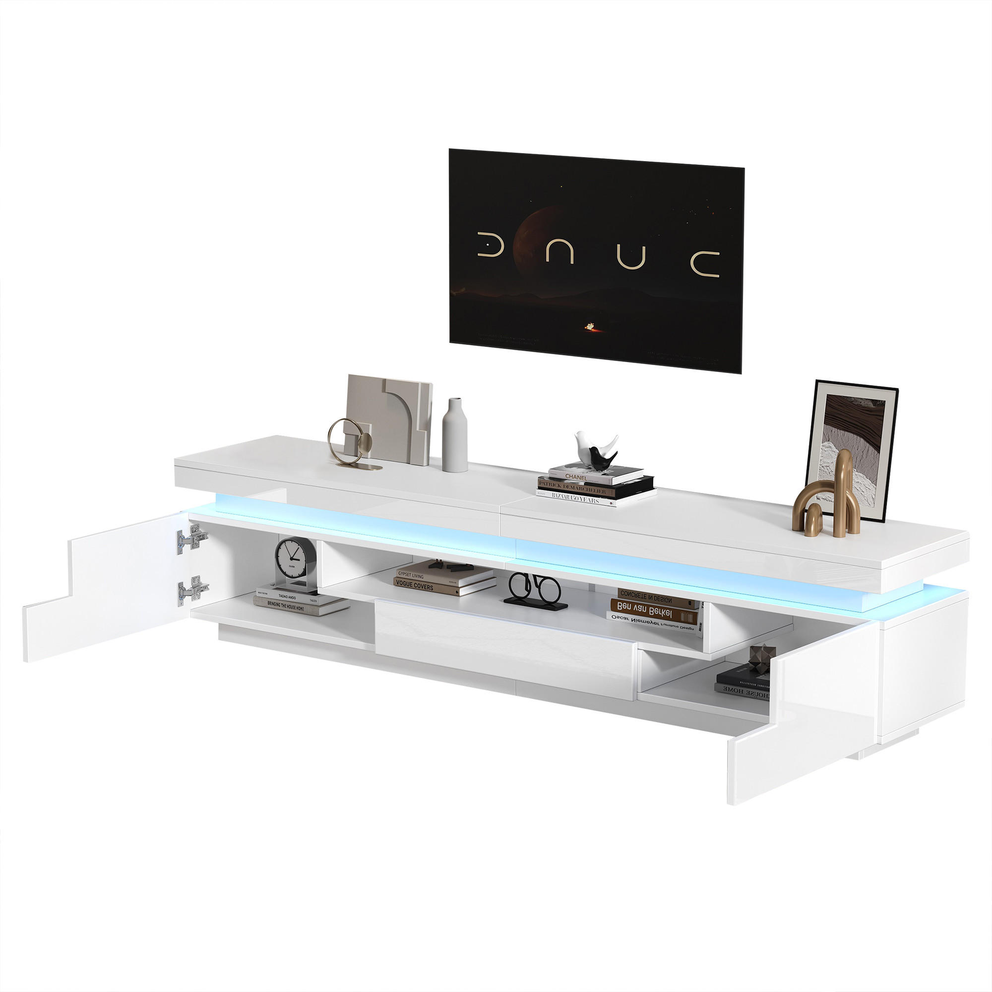 STILVORA TV STOLEK v bílé barvě s LED osvětlením, skříňkami ve tvaru L a zásuvkou, pro TV do 75″, 175 × 38 × 45 cm