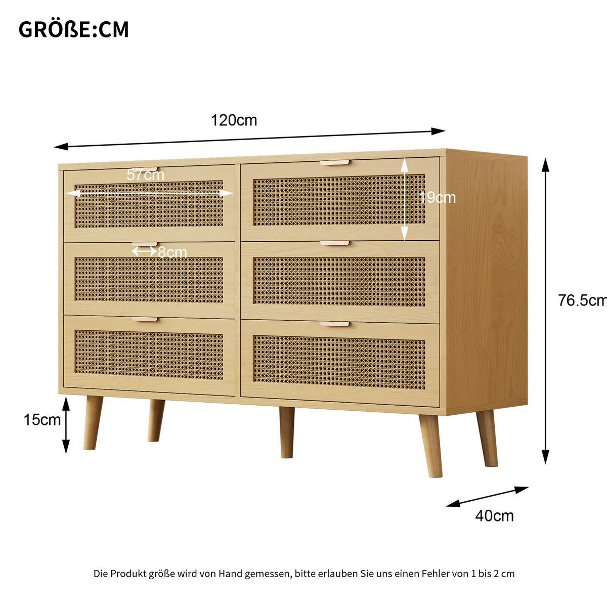 SIDEBOARD 120/40/76,5 cm aus Spanplatte mit 6 Schubladen und Rattan-Front Walnuss - Eichefarben, Holzwerkstoff (120/76.5/40cm) - Modenvie