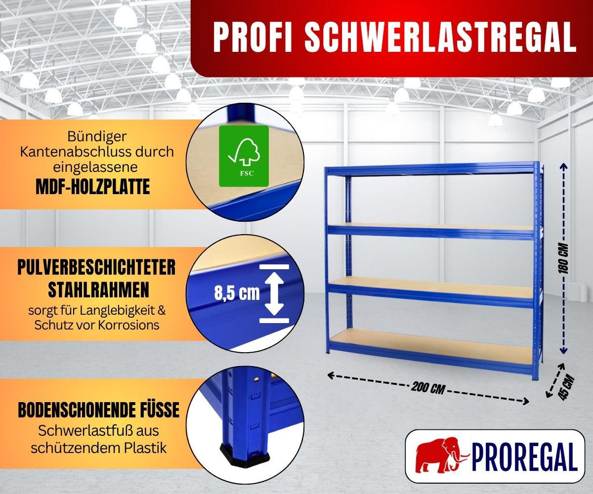 SCHWERLASTREGAL Dino 180x200x45 cm Fachlast 500 kg Blau - Blau, Metall (200/180/45cm) - PROREGAL