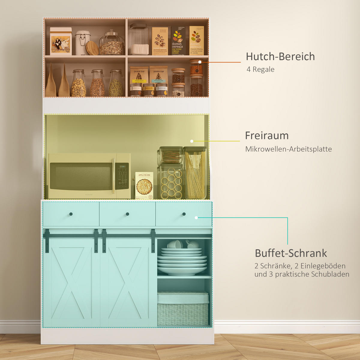 KÜCHENSCHRANK, Hochschrank mit Arbeitsplatte, Buffetschrank mit Schiebtüren - Weiß, Holzwerkstoff (40/180/93.5cm) - HOMCOM