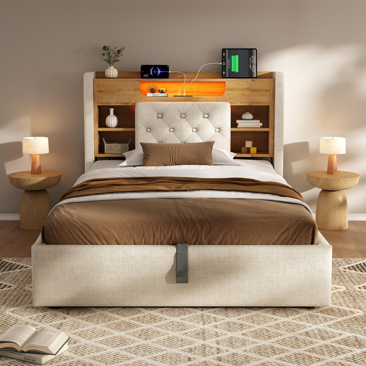 POLSTERBETT 90/200 cm Beige mit LED-Beleuchtung und Stauraum-Kopfteil - Beige, Textil (90/200cm) - Oxeza