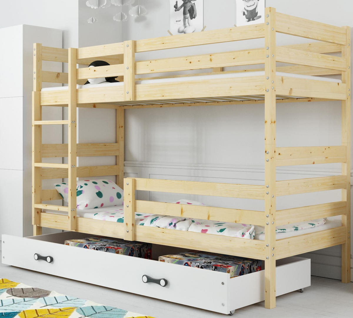 ERYK Etagenbett 200/90Kiefer Schublade Weiß ohne Matratze - Kieferfarben, Holz - Interbeds