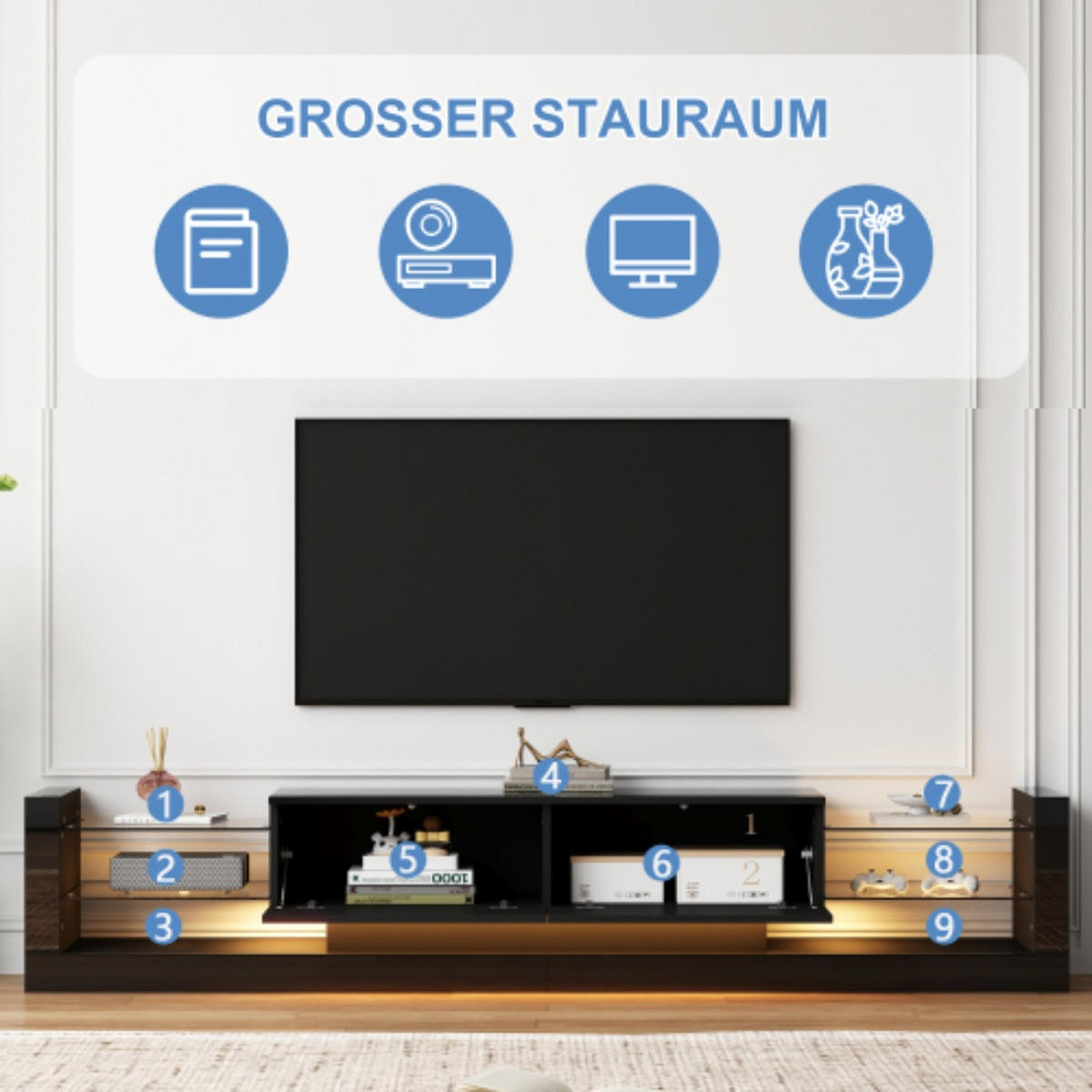 TV stolík 181/38/38 cm čierny s LED osvetlením a sklopnými zásuvkami z drevotriesky - čierna, kompozitné drevo (181/38/38cm) - OKWISH