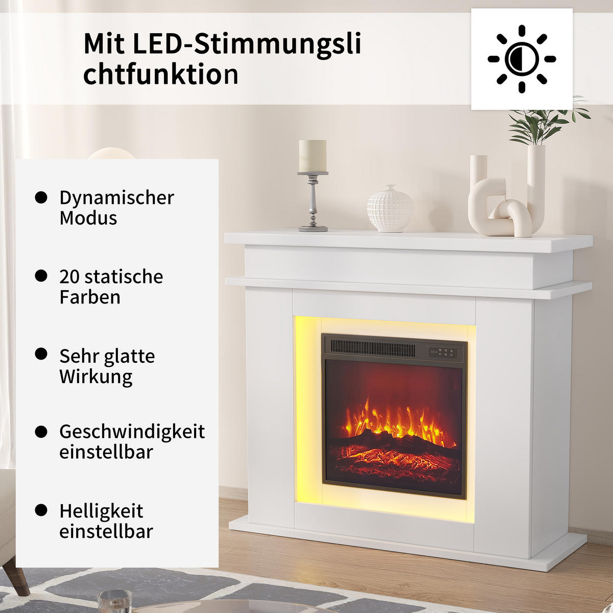 ELEKTROKAMIN freistehend 3D Flamme LED Dekokamin weiß - Weiß, Holz (34.5/88.8/101cm) - LEBENLANG