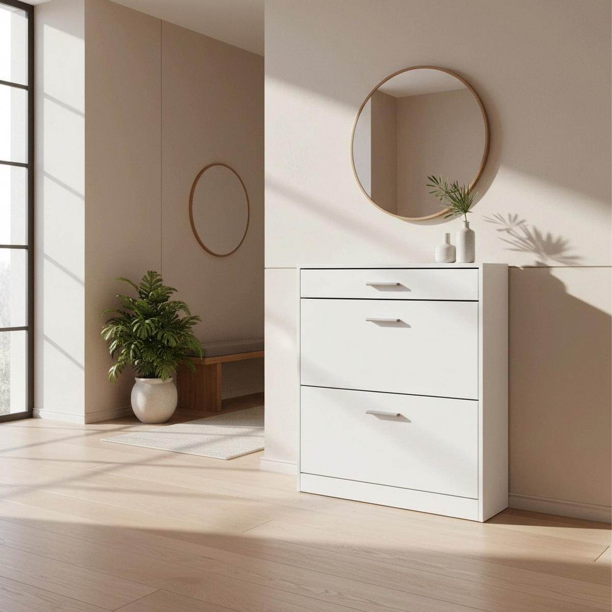 SCHUHSCHRANK Roma Schmal mit 2 Klappen und 1 Schublade, Platzsparender Schuhkipper, Weiß matt (89 x 95,5 x 23 cm) - Weiß, Holzwerkstoff (89/95.5/23cm) - InnoFurn