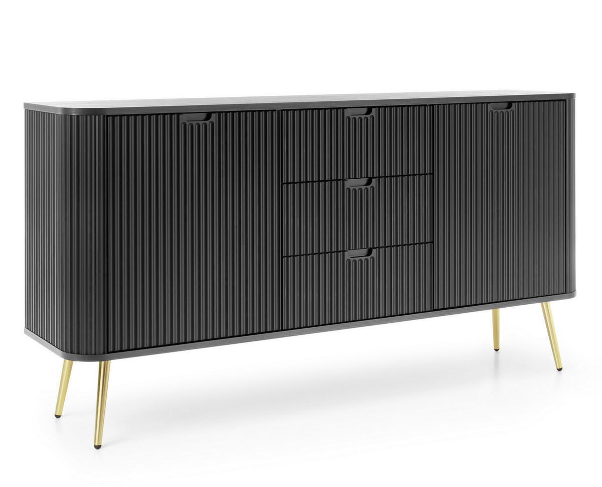 SIDEBOARD Salvia 2T 3S Schwarz, Gold 168/87/39 cm – mit geriffelten Fronten und hohen Beinen - Goldfarben/Schwarz, Holzwerkstoff/Metall (168/87/39cm) - AX Living