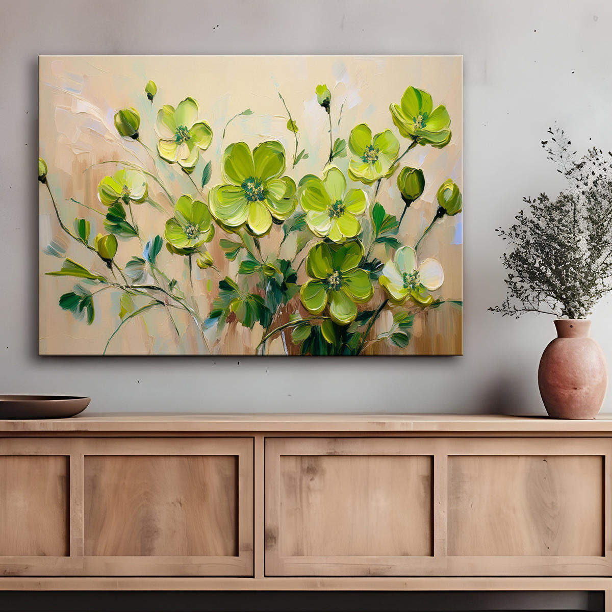 WANDBILD grün blühende blumenpflanzen - Grün, Textil (60/40cm) - Feeby