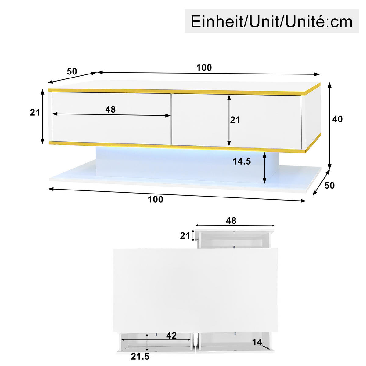 COUCHTISCH mit LED und 3 Schubladen 100 x 50 x 40 cm Weiß - Weiß, Holzwerkstoff (100/50/40cm) - Meubliv