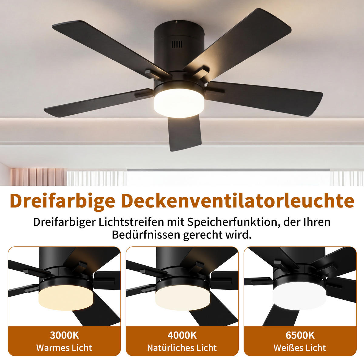 DECKENVENTILATOR mit LED-Licht, 106,6 cm, Schwarz, 6 Stufen & Timer - Schwarz, Metall (106.6/106.6/28cm) - EuroLiving