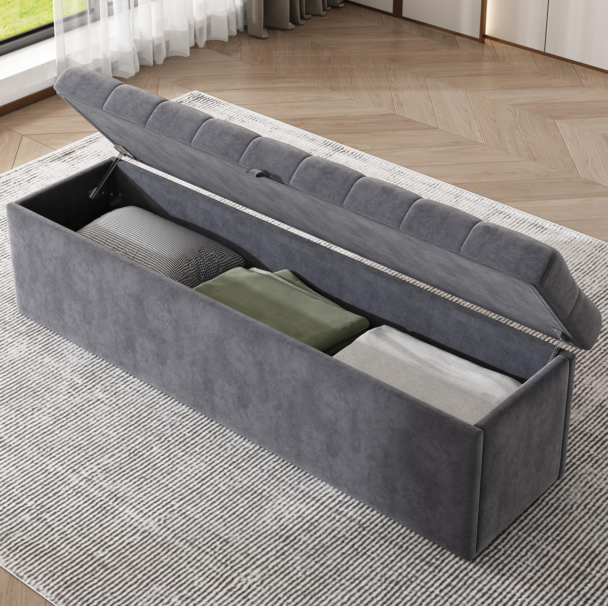 POLSTERBANK 138/41/42 cm mit Stauraum und Samtbezug, Grau - Grau, Textil - Redom