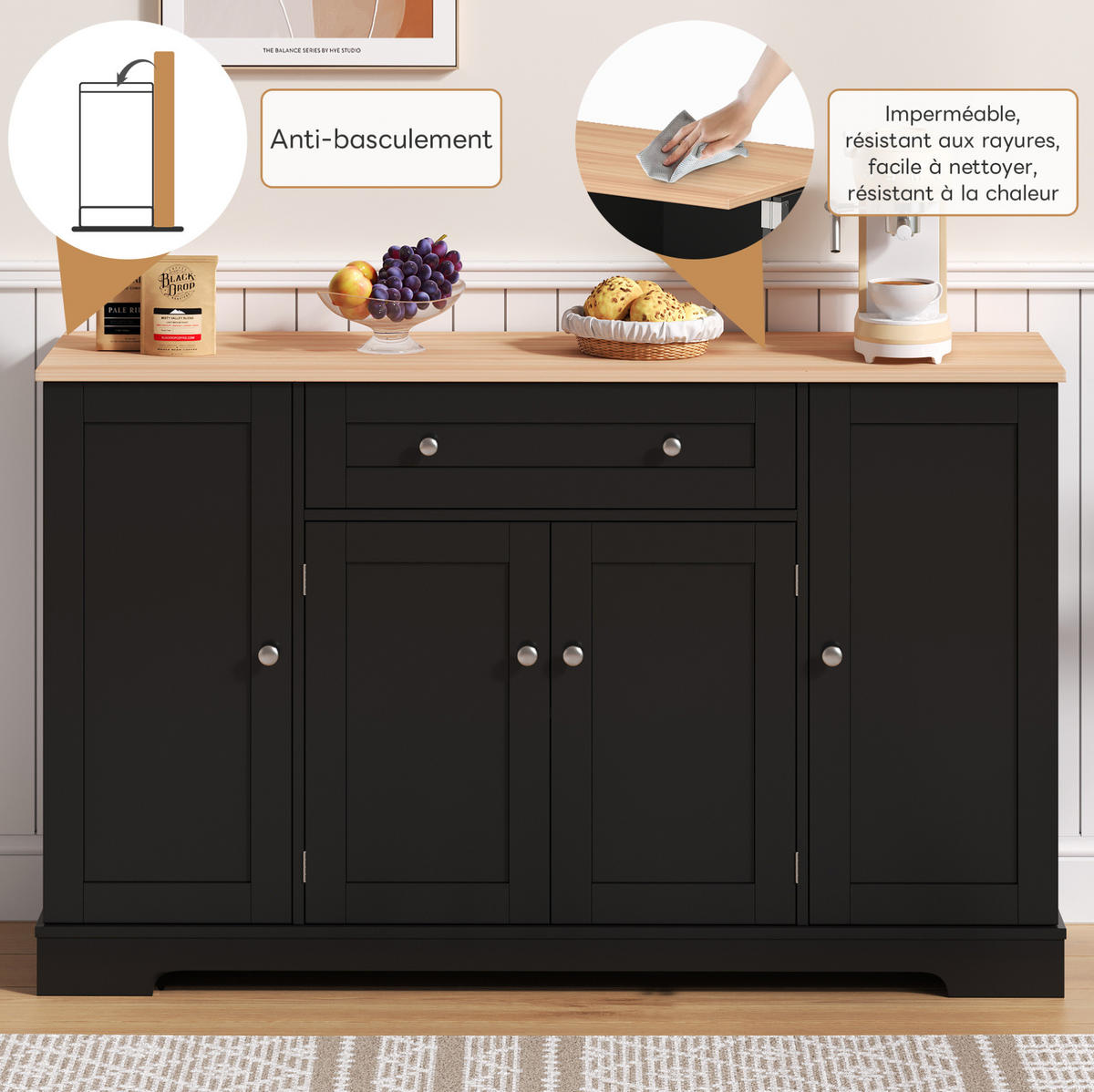 SIDEBOARD 138 cm Schwarz aus MDF mit verstellbaren Einlegeböden - Schwarz, Holzwerkstoff (40/85/138cm) - OKMYHOME
