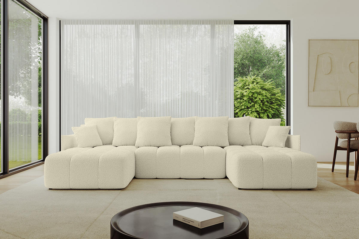 WOHNLANDSCHAFT LONLI-U 355x189x68 Beige Bouclé - Hellbraun/Creme, Holzwerkstoff/Kunststoff (355/68/189cm) - ALTDECOR