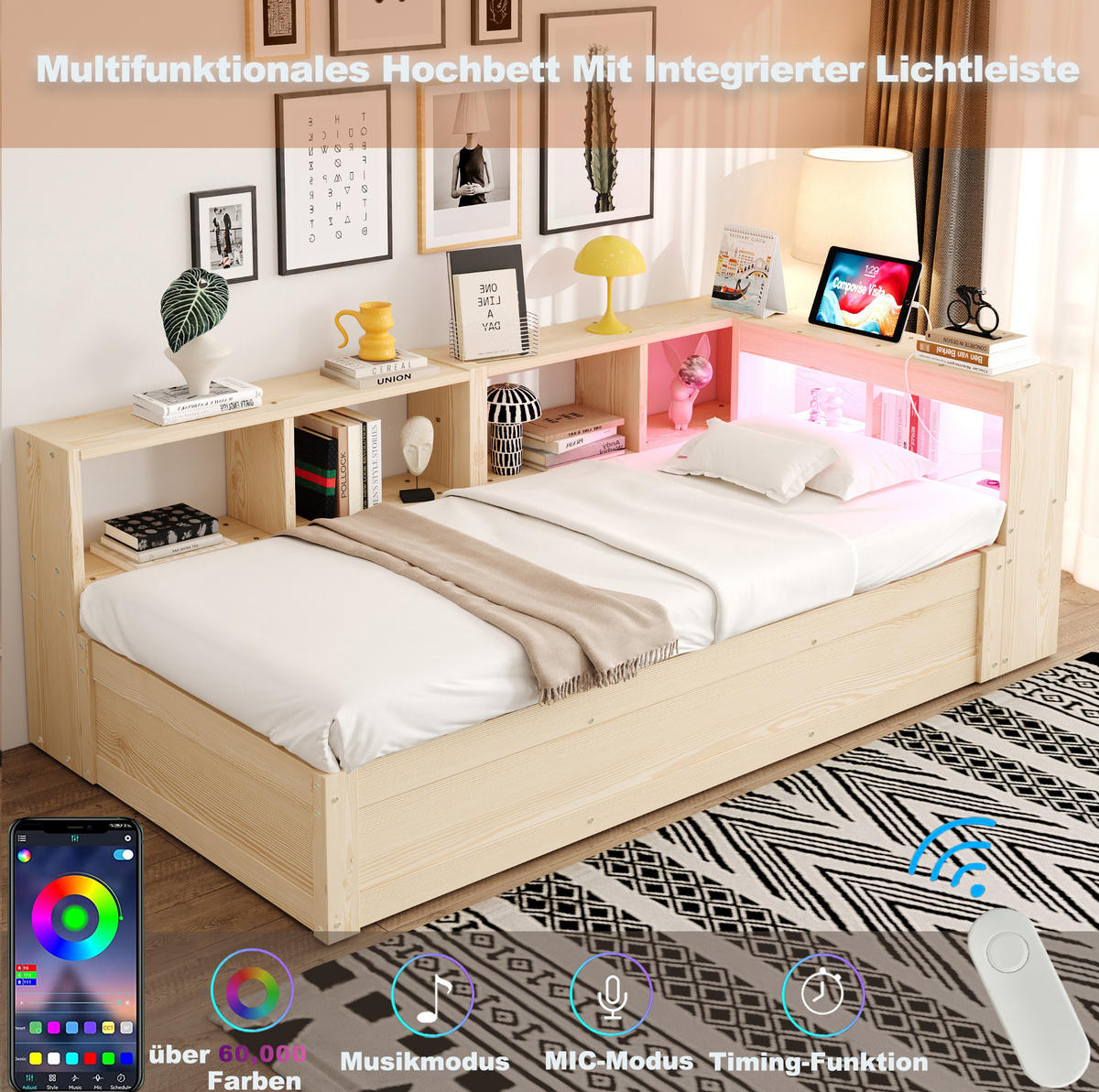 BETT 90/200 cm aus MDF mit LED und Stauraum Naturholz - Naturfarben, Holzwerkstoff (90/200cm) - OKMYHOME