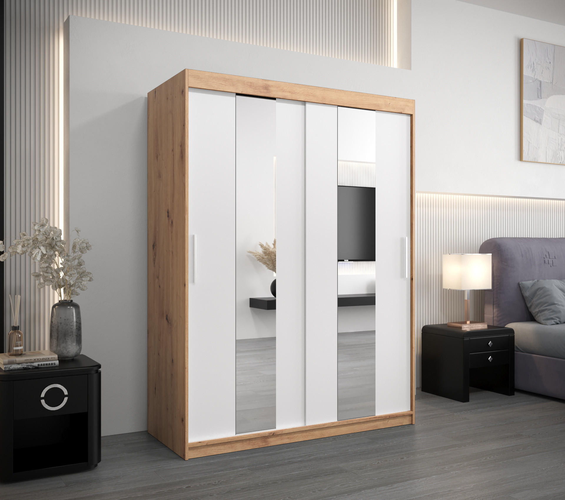 SCHWEBETÜRENSCHRANK 200/150/62 2-türig - Silberfarben/Eiche Artisan, Holz/Kunststoff (150/200/62cm) - Abiks Möbel