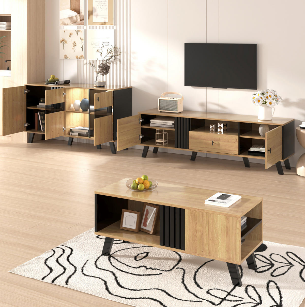 TV-ELEMENT-SET 170/40/50,5 cm mit Sideboard, Couchtisch und LED-Beleuchtung - Schwarz, Holzwerkstoff (100/45/60cm) - BEAOK