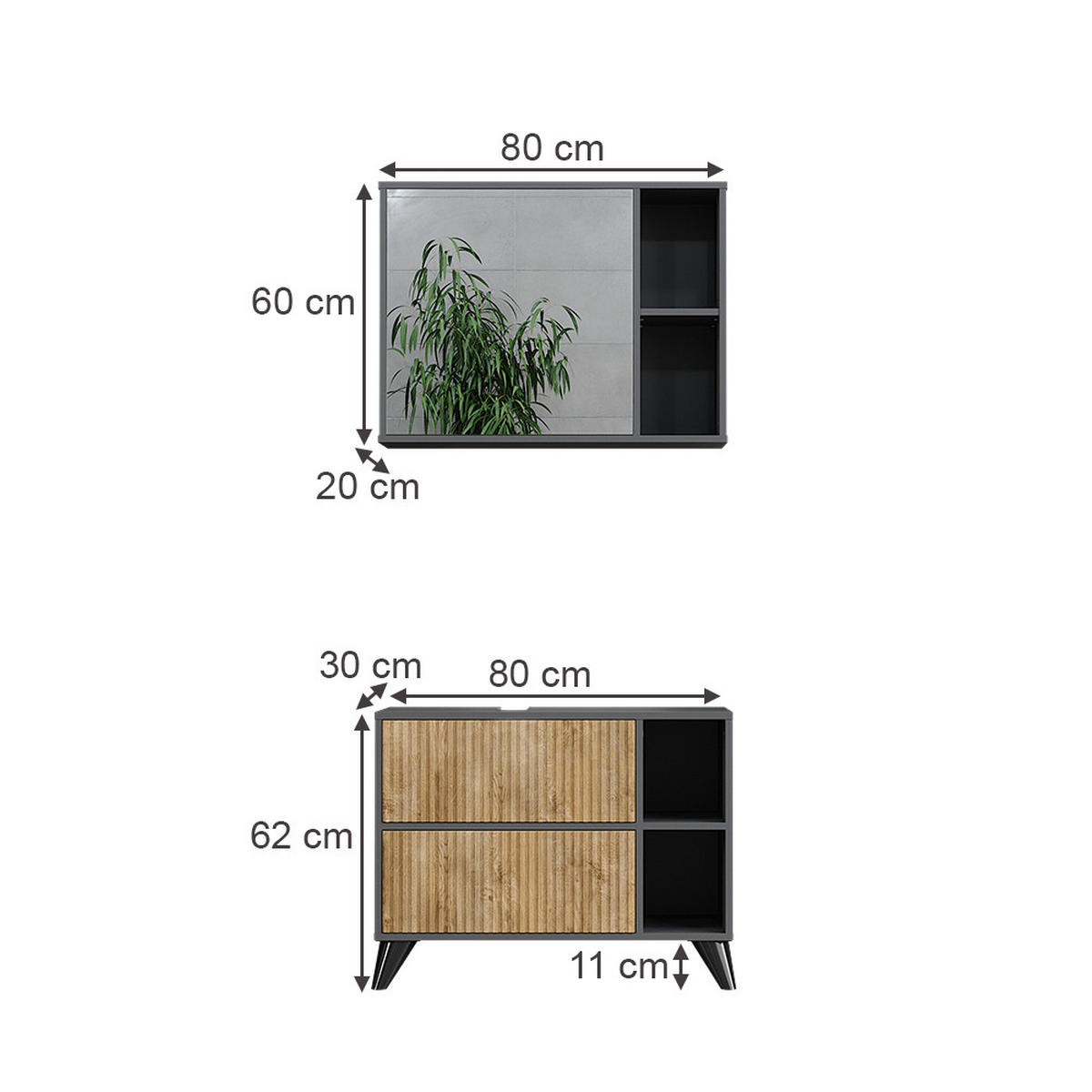 BADMÖBEL-SET Leano Anthrazit/Bergeiche 80 cm, Set 1 - Eichefarben/Anthrazit, Holzwerkstoff (80/62/30cm) - Vicco