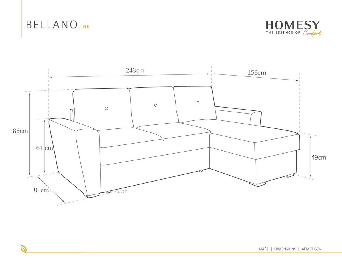 ECKSOFA Bellano Ecksofa L-Form - links oder rechts montierbar, dunkelgrau - Dunkelgrau, Holz (243/156cm) - Homesy