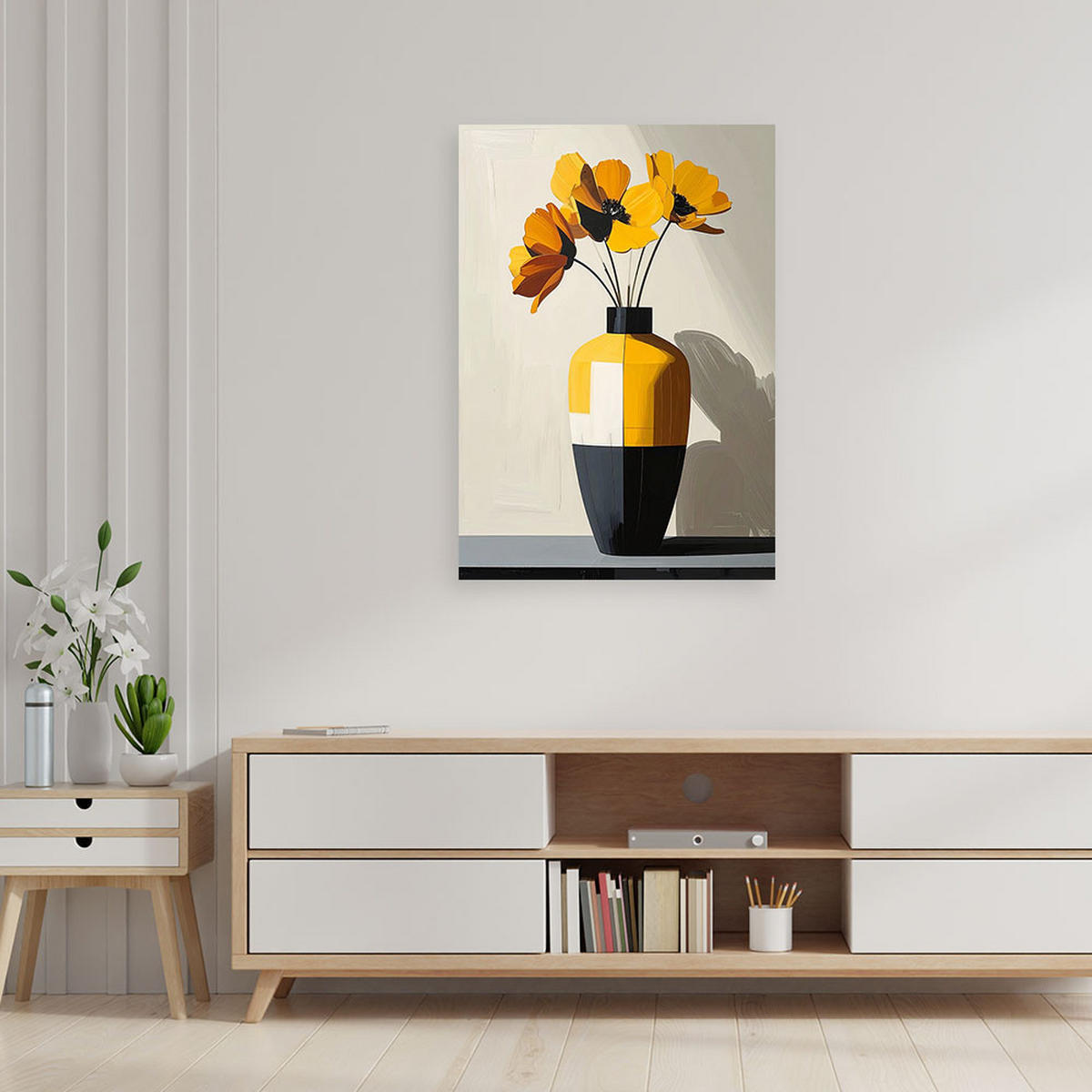 BILD auf Leinwand, Gelbe Blumen in einer modernen weiß-gelben Vase - Gelb, Textil (60/90cm) - Feeby