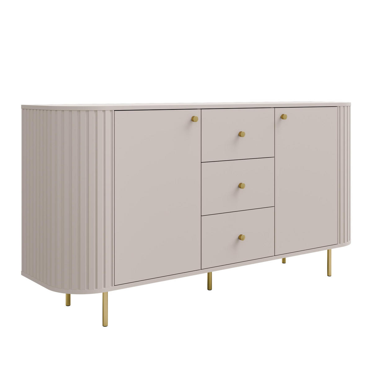SIDEBOARD Halay Beige, 2 Türen & 3 Schubladen Moderne Rillenstruktur 164,6 cm - Beige/Goldfarben, Holzwerkstoff/Metall (164.6/85.4/42.3cm) - AX Living