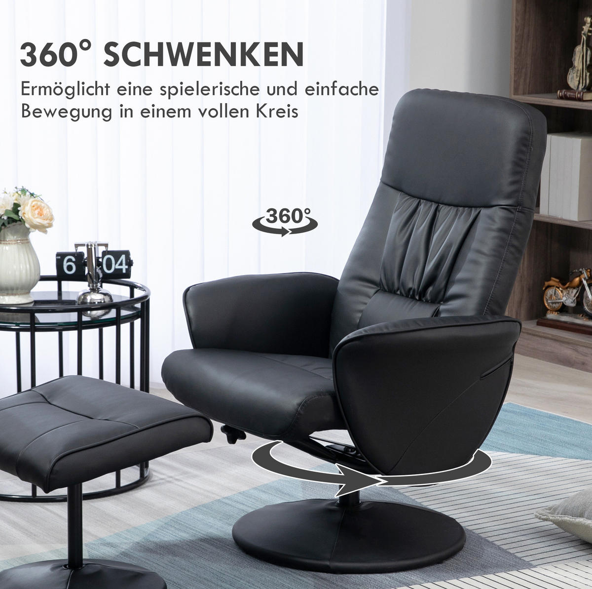 RELAXSESSEL 76/81/101 cm manuell verstellbar mit Hocker und Drehfunktion - Schwarz, Metall (81/101/76cm) - BEAOK