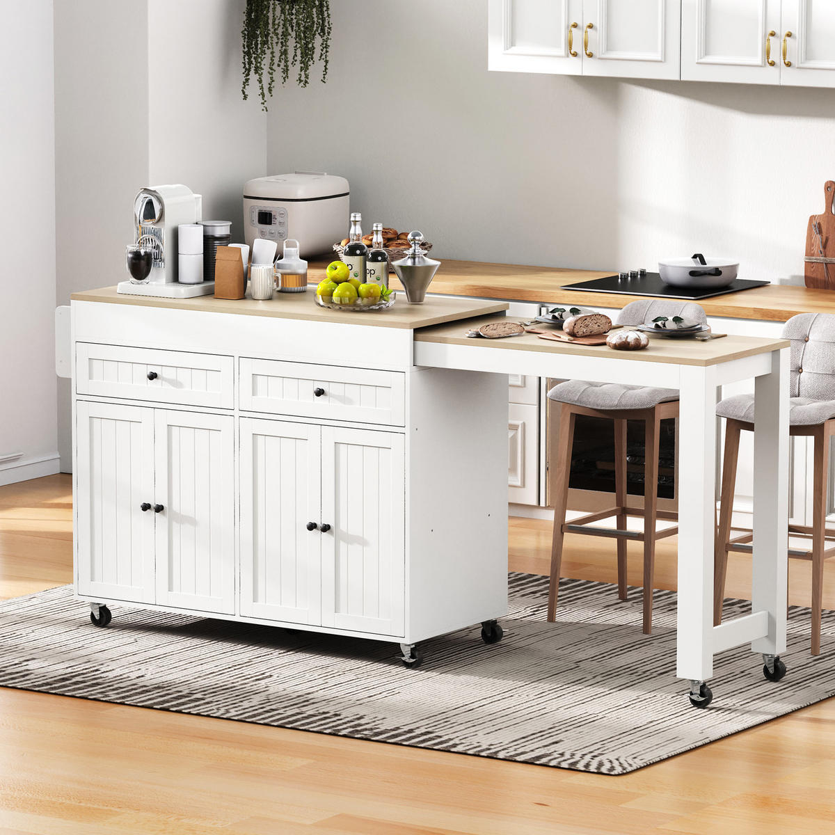 KÜCHENINSEL 112-180.5x45x92.2 cm Weiß mit Ausziehplatte & Rollen - Weiß, Holzwerkstoff (180.5/92.2/45cm) - Modfu