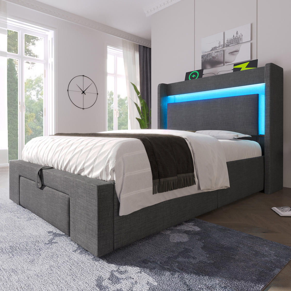 POLSTERBETT aus Leinen 90x200 cm in Grau mit LED, USB-C & Matratze - Grau, Textil (90/200cm) - Modfu