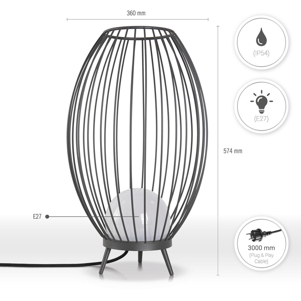 STEHLEUCHTE Auzzurra - Anthrazit, Metall (36/36/57.4cm) - Paco Home