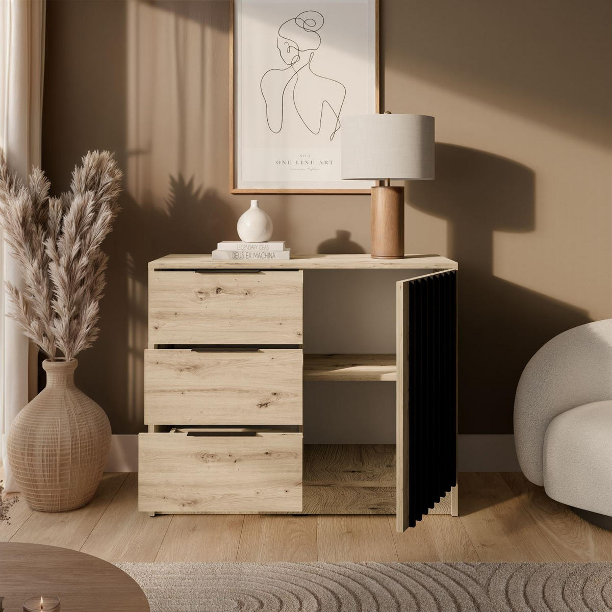 KOMMODE NELA mit Lamellen, Artisan/Schwarz - Eiche Artisan, Holzwerkstoff (105/86/45cm) - Lookway
