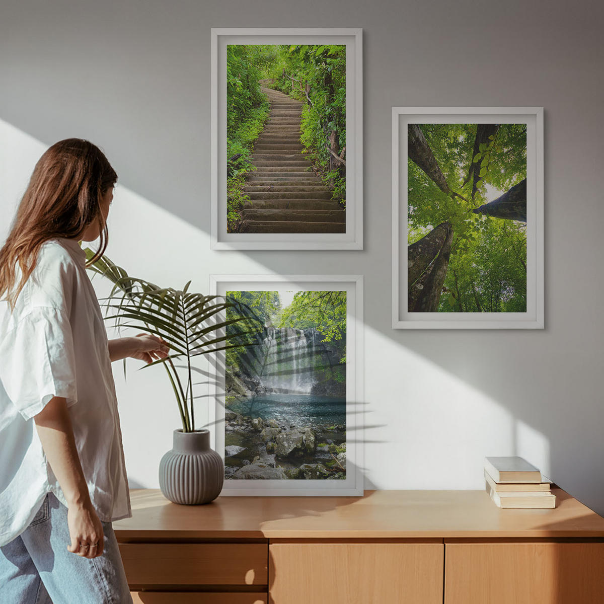 BILDER SET 3er Set - 40x60 cm Weißer Rahmen - Pfad Wald Wasserfall Vegetation - Weiß, Kunststoff (40/60cm) - TULUP