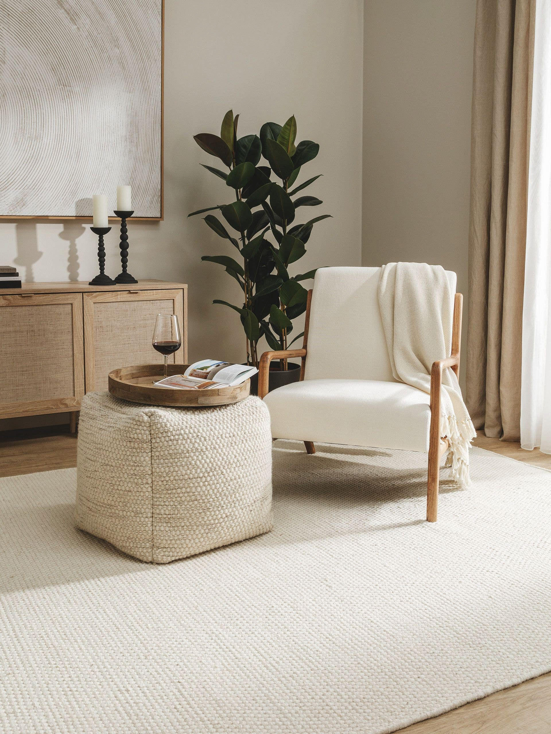WOLL-POUF handgefertigt Rocco Cream 45x45x45 cm - Creme, Textil (45/45/45cm) - benuta Pure
