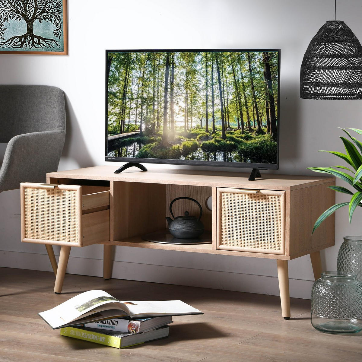 TV-MÖBEL mit 2 Schubladen Vorderseite aus Rattan - L100 cm - Apfelbaumfarben, Holzwerkstoff (42/45/100cm) - Calicosy