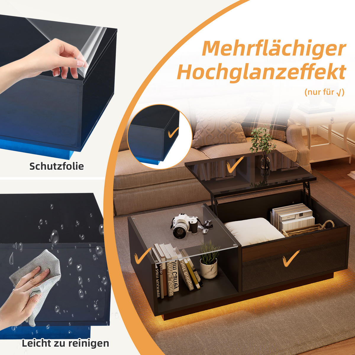 COUCHTISCH DE-208 LED Hochglanz Weiß/Schwarz - Schwarz, Holzwerkstoff (50/100/47cm) - ComfortXL