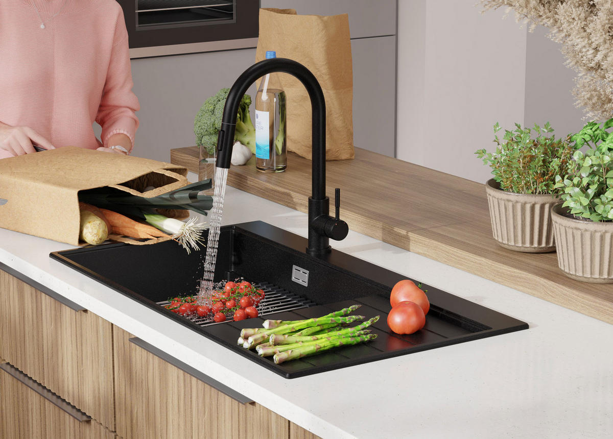 SPÜLBECKEN Sydney, 2-er set Alles Schwarz 90/50 cm 1 Becken + Ablauf-Set + Küchenzubehörset ab 60er Unterschrank - Schwarz, Kunststoff (90/20/50cm) - Primagran