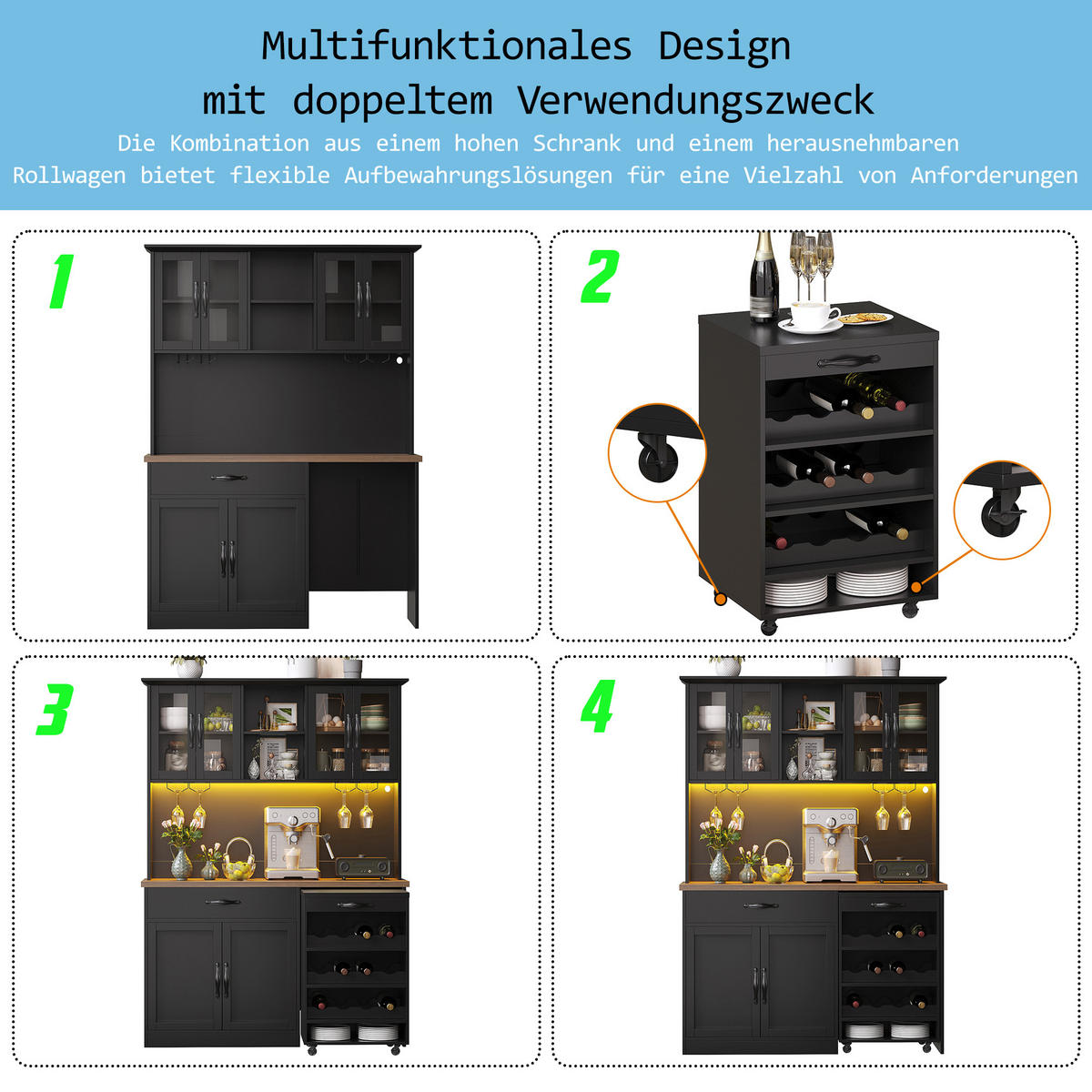 BUFFETSCHRANK Rollwagen Schwarz 140/38/180 cm - Schwarz, Holz (140/180/38cm) - PANGIVO