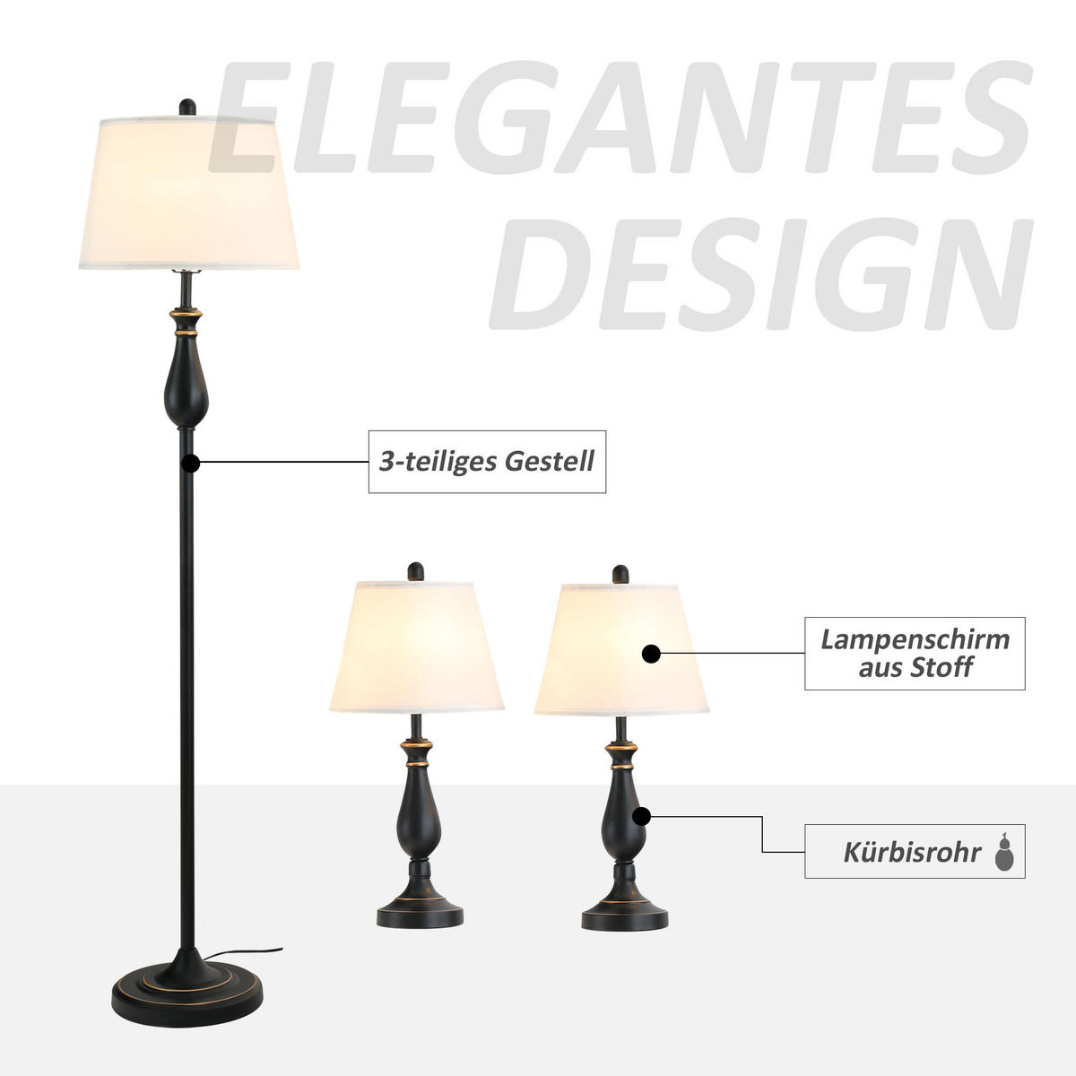 LAMPENSET, 3-tlg., Schwarz+Weiß, Metall, PS - Multicolor, Metall (38/158/30cm) - HOMCOM