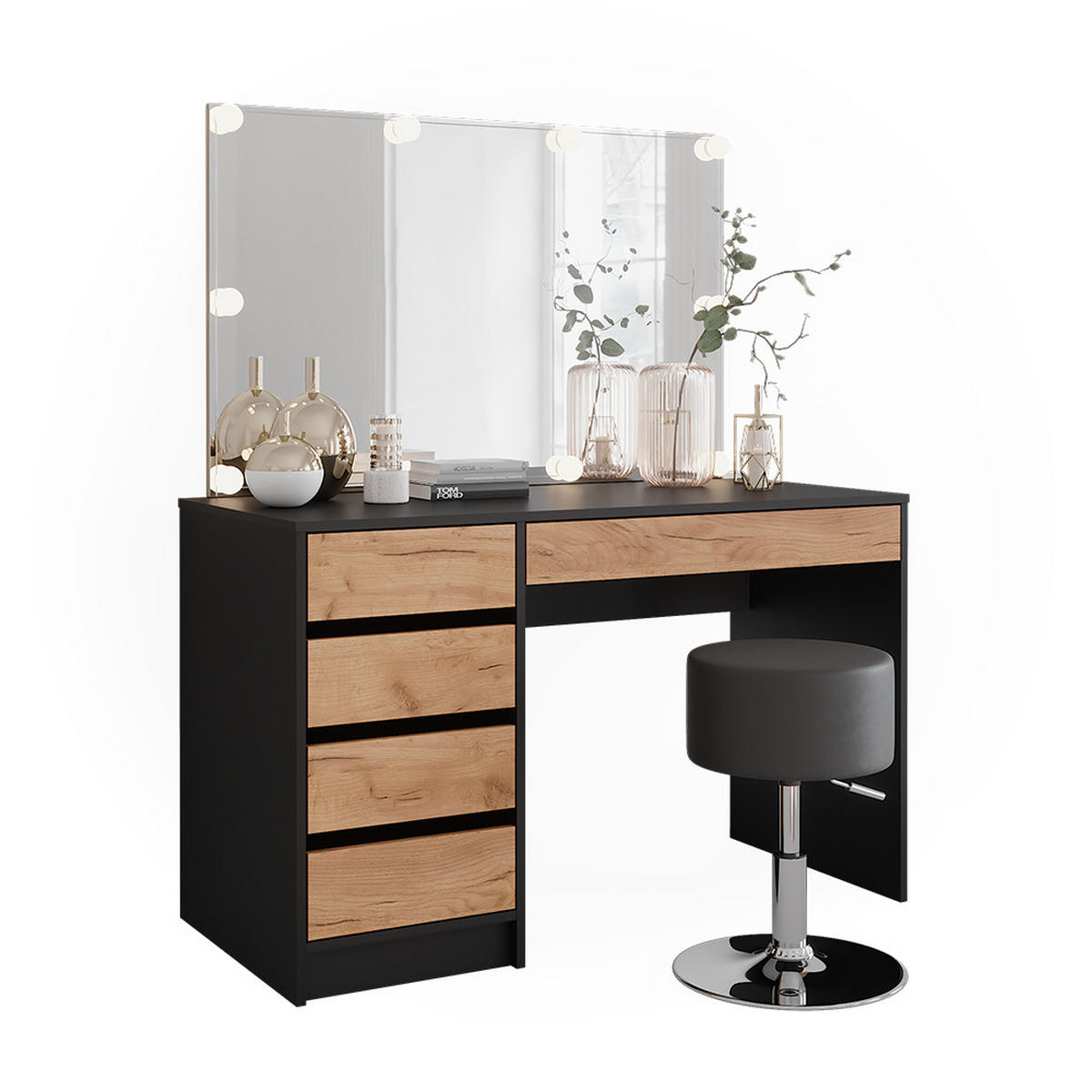 SCHMINKTISCH Sherry Anthrazit/Goldkraft Eiche 120 x 75 cm mit LED-Beleuchtung und Hocker - Honigeiche/Anthrazit, Holzwerkstoff (120/75/55cm) - Vicco