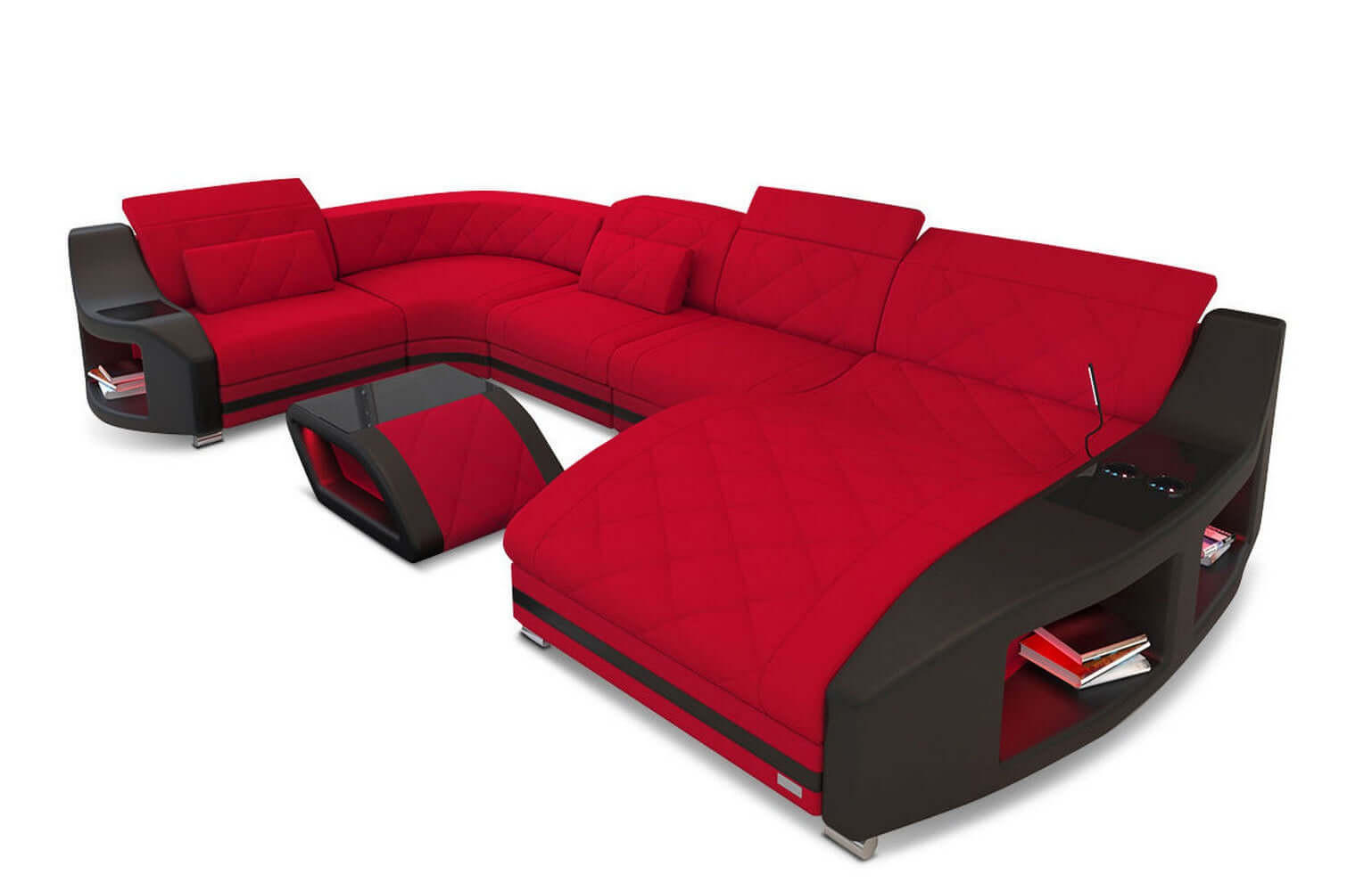 WOHNLANDSCHAFT Stoff Sofa Swing U Form Rot Schwarz Mikrofaserstoff - Rot, Kunststoff (404/90/220cm)