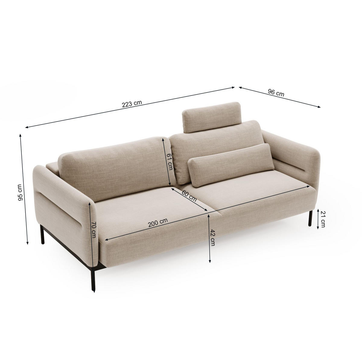 3-SITZER-SOFA Solianero Hellgrau 223 cm - Hellgrau/Schwarz, Textil/Metall (223/95/96cm) - Selsey