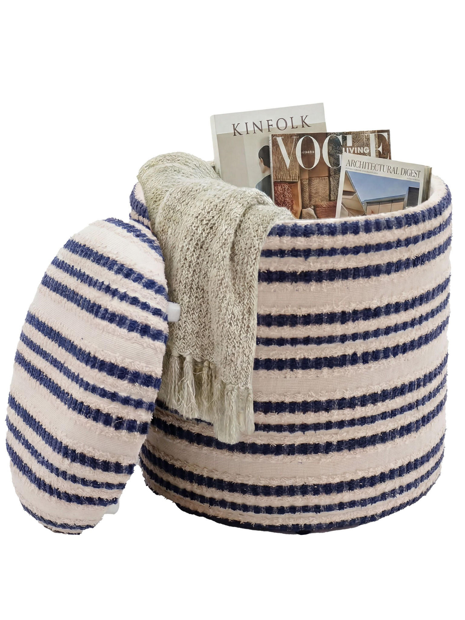 SITZHOCKER RHONE, Stoff, mit Textilbezug, Blau-Beige, Ø 40 x 45 cm - Blau/Beige, Textil (40/45/40cm) - KADIMA DESIGN