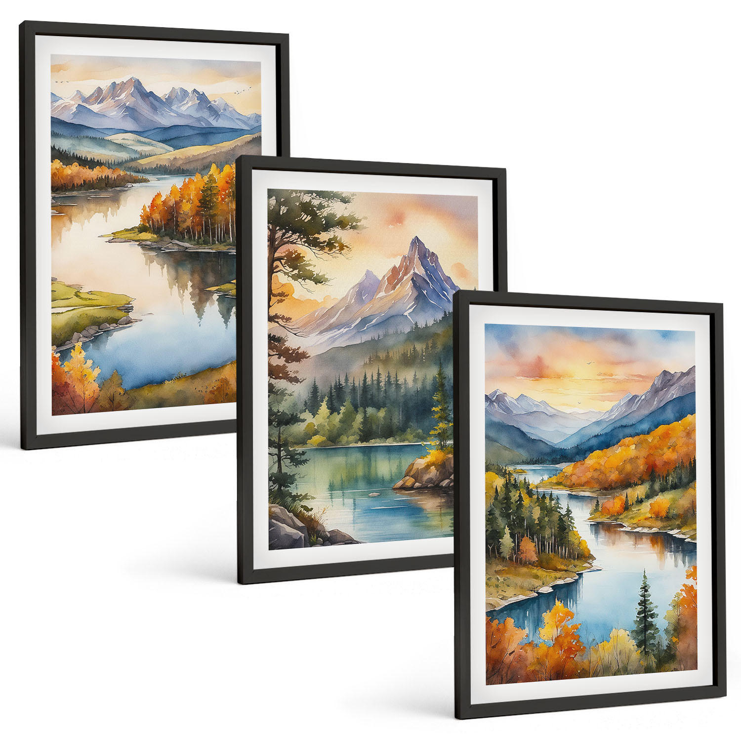 BILDER SET 3er Set - 40x60 cm Schwarzer Rahmen - Berglandschaften mit einem Fluss - Schwarz, Kunststoff (40/60cm) - TULUP