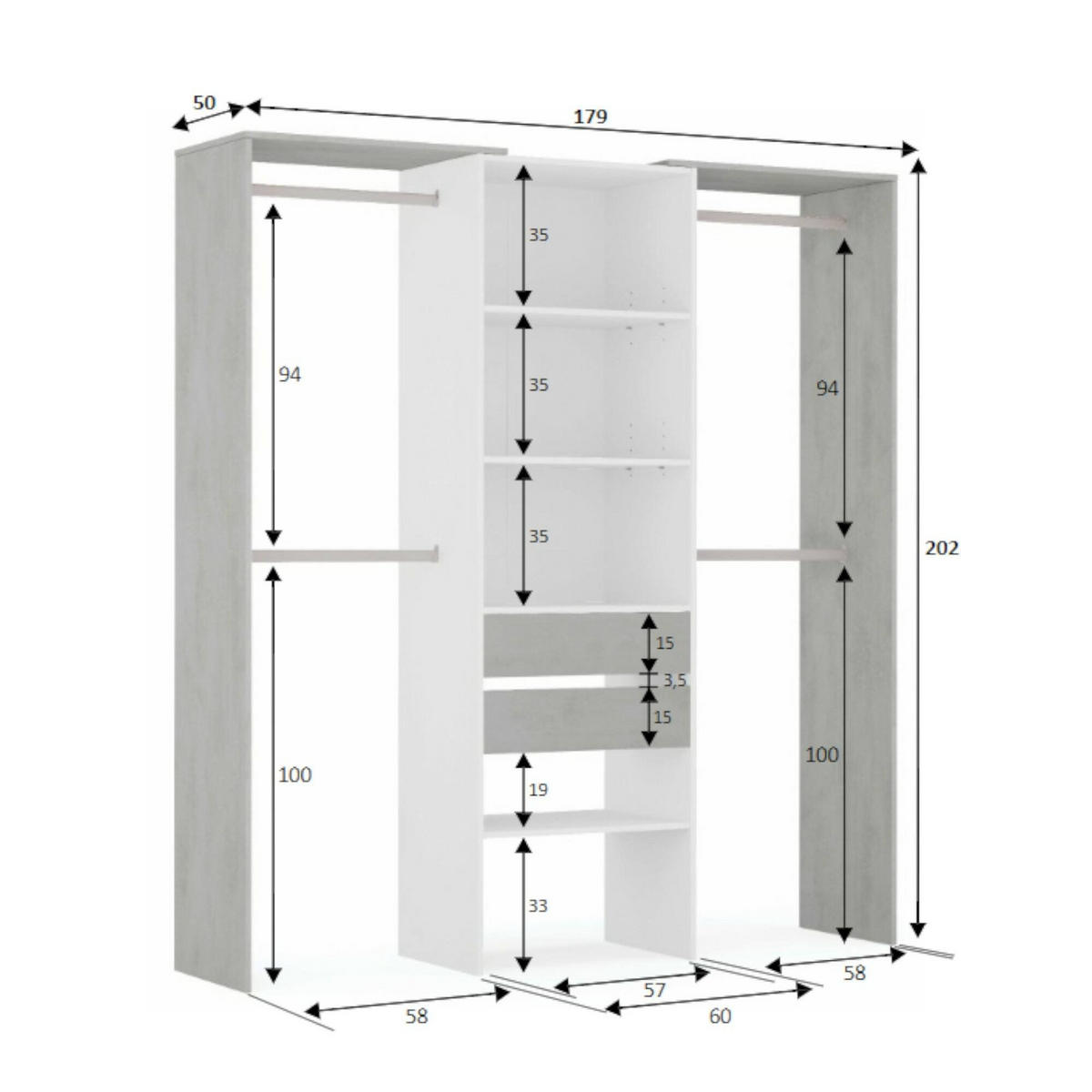 OFFENER KLEIDERSCHRANK Holz-Effekt Weiß, Zement 50x179h202 - Weiß, Holzwerkstoff (179/202/50cm) - DMORA