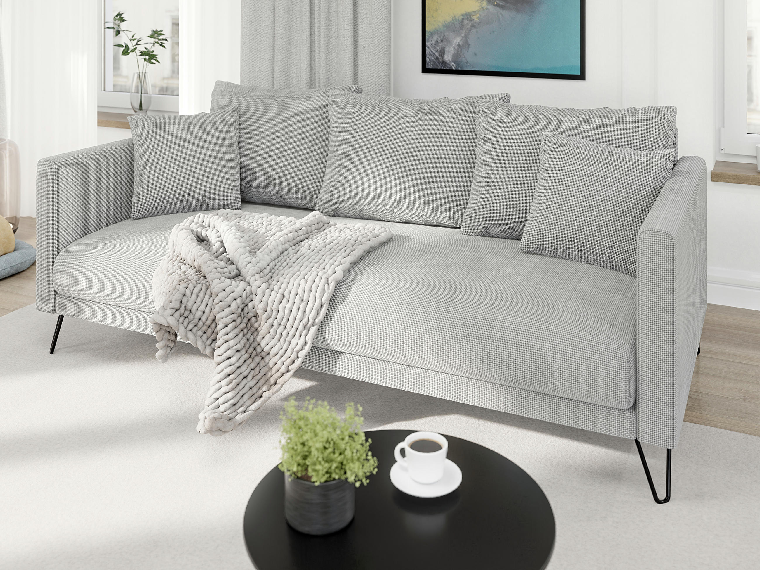 3-SITZER-SOFA Harmony Hellgrau Chenille - Hellgrau/Schwarz, Textil/Metall (200/85/100cm) - S-Style Möbel