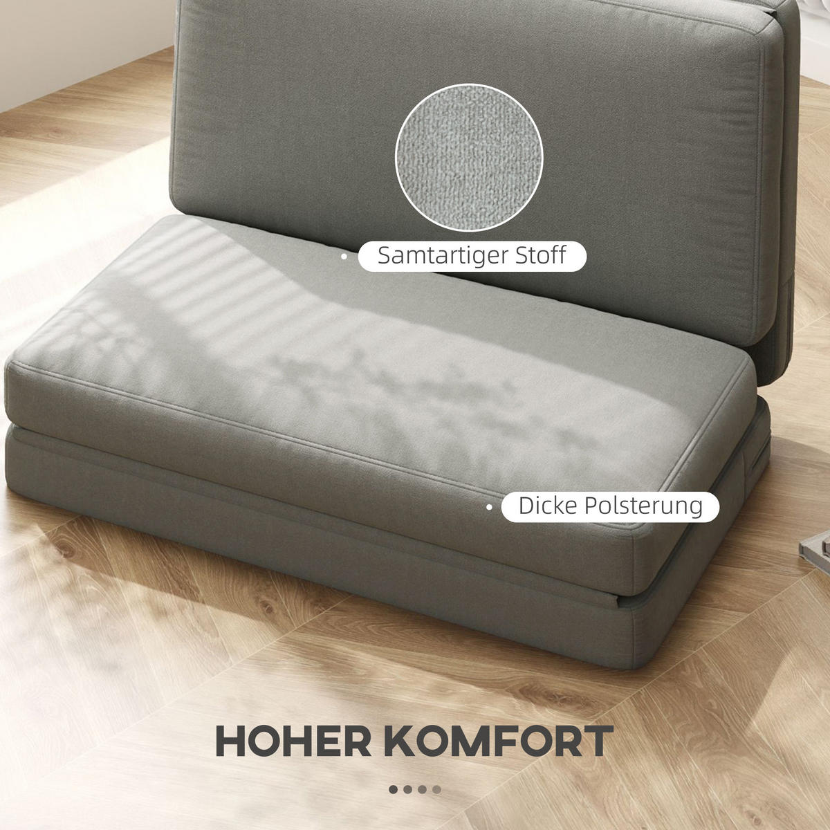 BODENSOFA 3-in-1 Klappbar Schlafsofa mit Samtoptik für Schlafzimmer, Wohnzimmer - Hellgrau, Textil (120/10/275cm) - HOMCOM