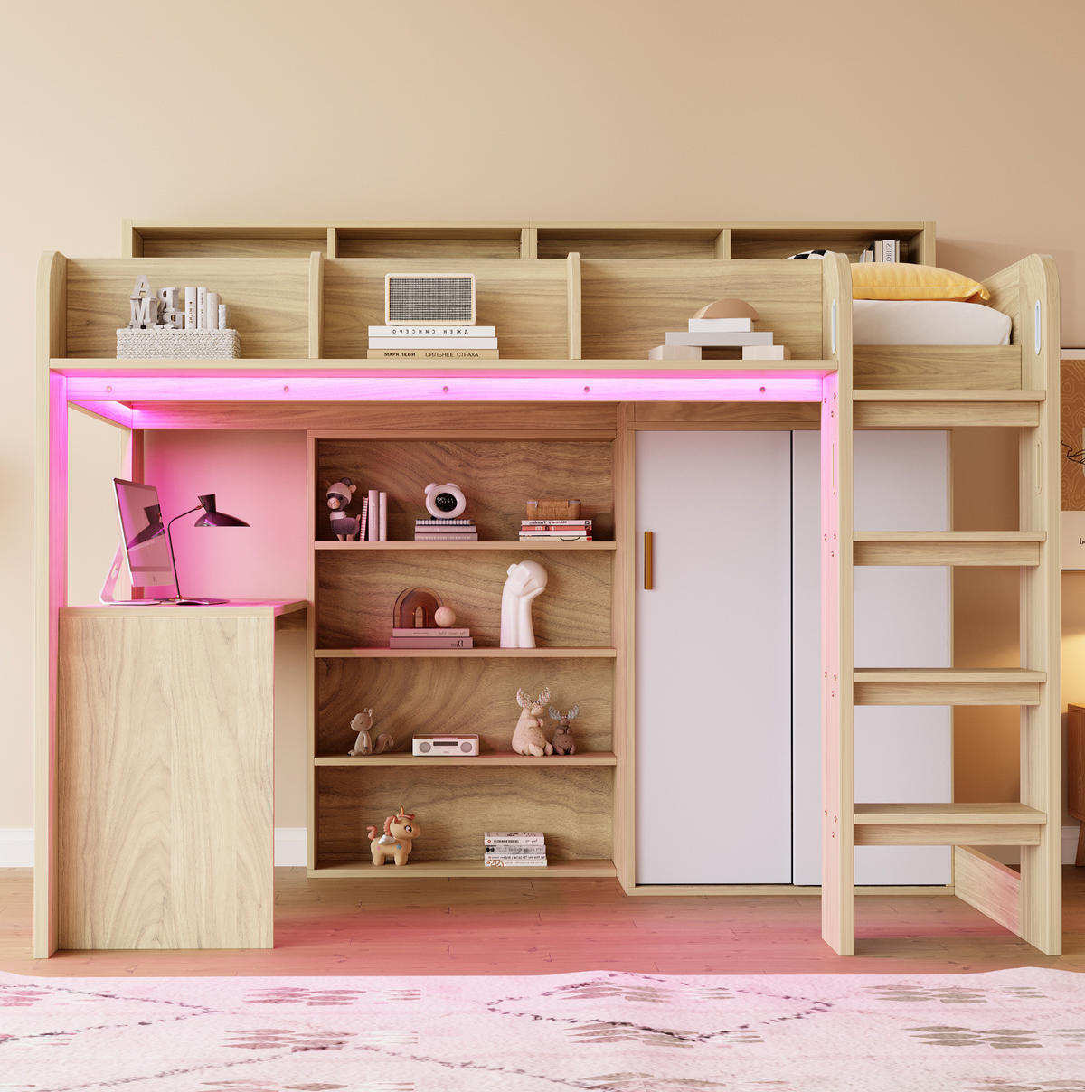 HOCHBETT aus MDF, Spanplatte und Sperrholz 90x200 cm Holzfarbe mit Schreibtisch, Kleiderschrank, LED-Beleuchtung und Steckdose - Naturfarben, Holzwerkstoff (90/200cm) - Modfu