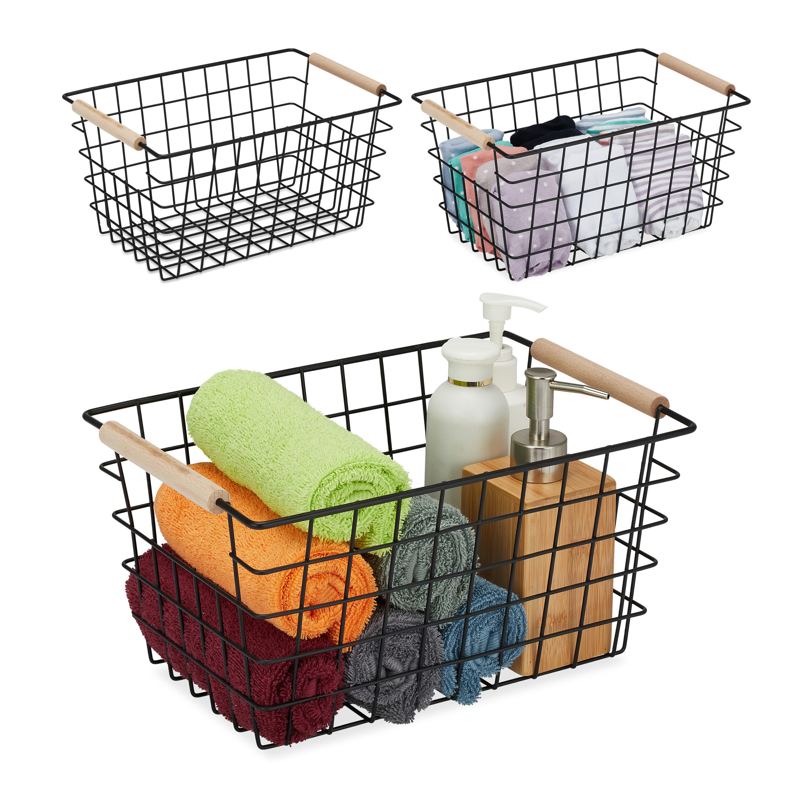 3XDRAHTKORB - Schwarz, Holz/Metall (21/31/16cm) - Relaxdays
