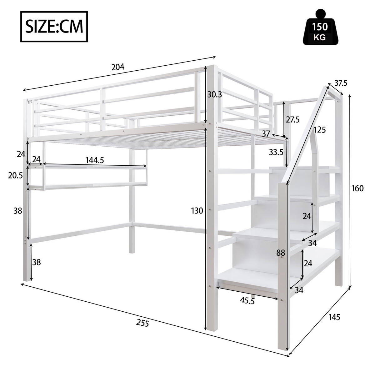 HOCHBETT aus Metall 140x200 cm in Weiß mit Stauraumleiter & Regalen - Weiß, Metall (140/200cm) - Modfu
