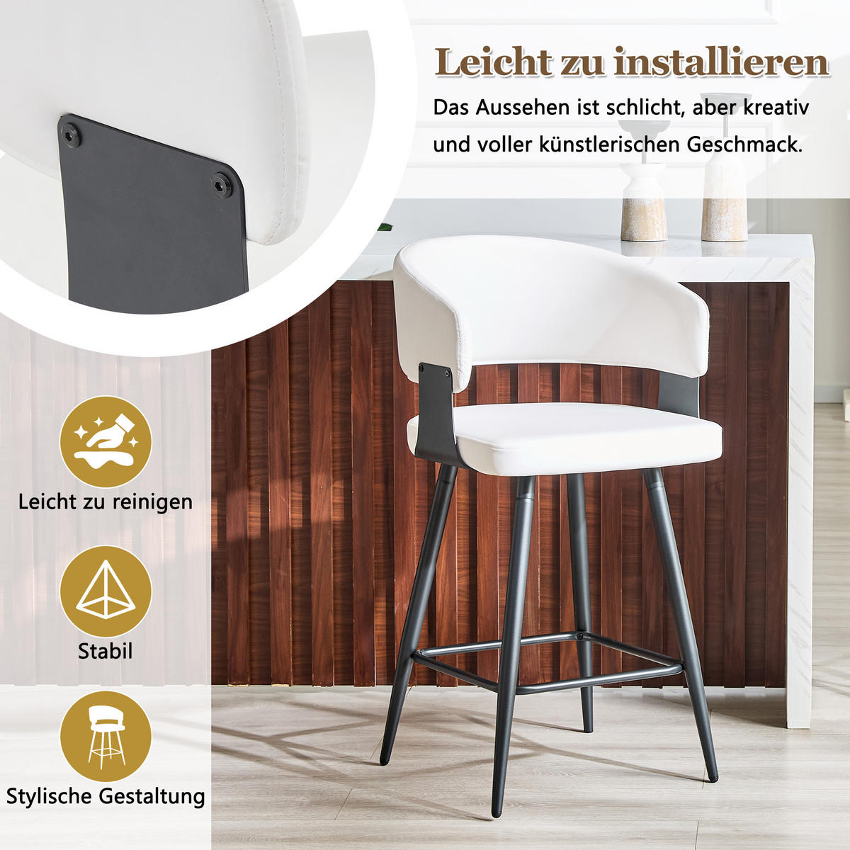 BARHOCKER DE-36675 2er-Set mit Kunstlederbezug und Metallgestell Schwarz - Weiß, Metall (47/94.5/46cm) - ComfortXL