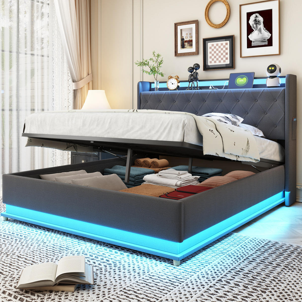 ČALÚNENÁ posteľ z látky 140x200 cm sivá s LED osvetlením, USB portom a hydraulickým úložným priestorom - sivá, textil (140/200cm) - Modfu