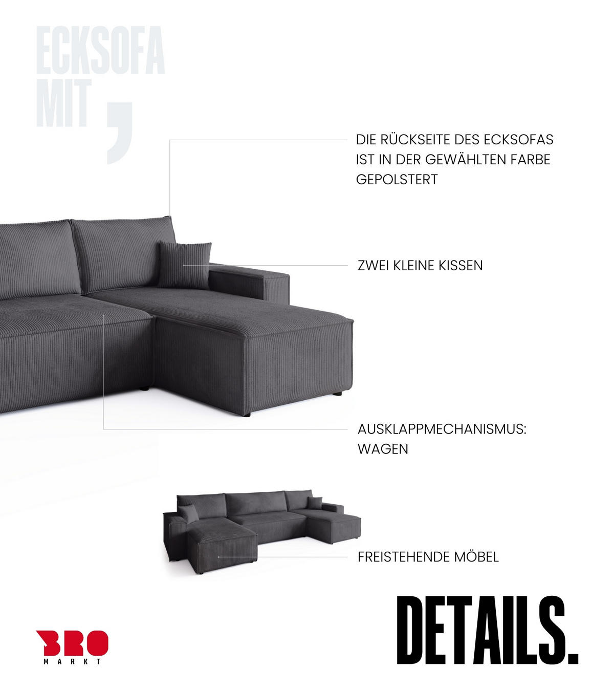 WOHNLANDSCHAFT ADI U mit Schlaffunktion Cordstoff Grau - Grau, Textil (312/85/143cm) - Bromarkt